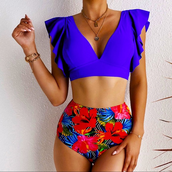 BRAND NEW Royal Blue Ruffle V Neck Bikini Top and Floral High-Waist Bottoms - Picture 1 of 4